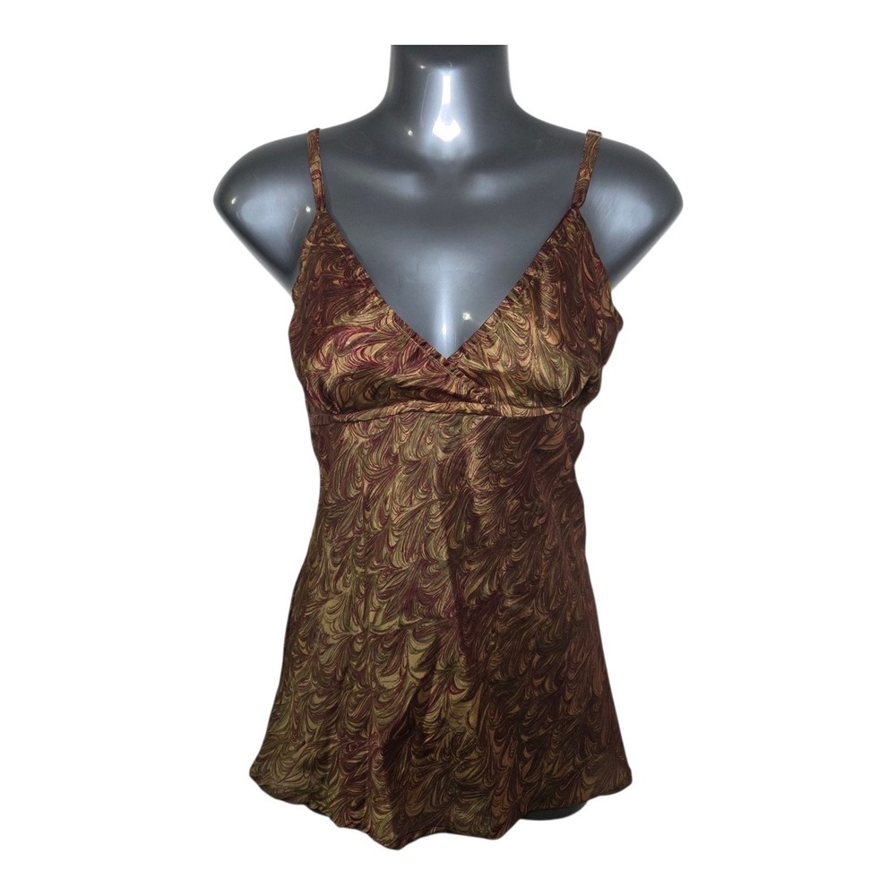 Satin Silk Babydoll Camisole Brown Gold Abstract Marble Print Small Y2K Coquette